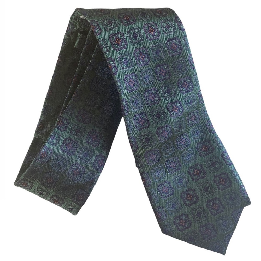 Combatant Gentleman Dark Green Silk Tie w/ Navy Blue Designs